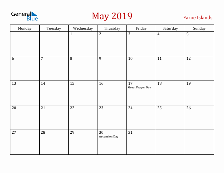 Faroe Islands May 2019 Calendar - Monday Start