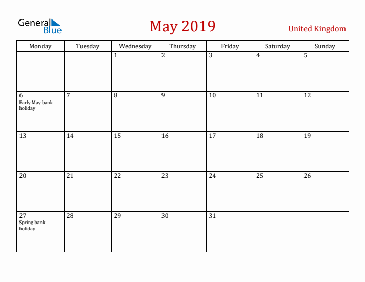 United Kingdom May 2019 Calendar - Monday Start