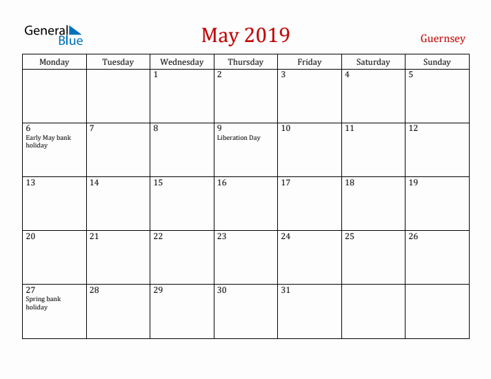 Guernsey May 2019 Calendar - Monday Start