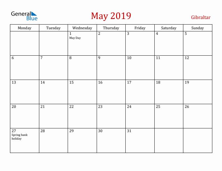 Gibraltar May 2019 Calendar - Monday Start
