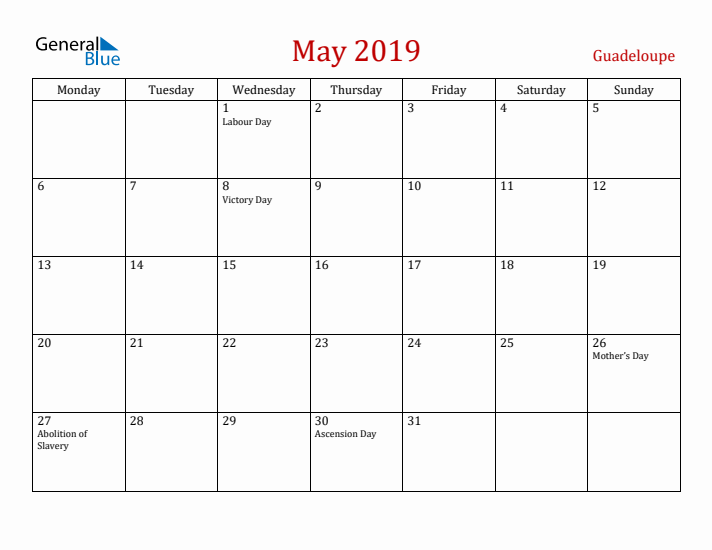 Guadeloupe May 2019 Calendar - Monday Start