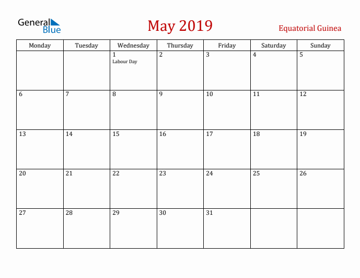 Equatorial Guinea May 2019 Calendar - Monday Start