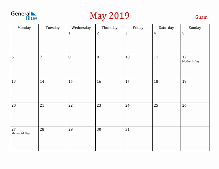 Guam May 2019 Calendar - Monday Start
