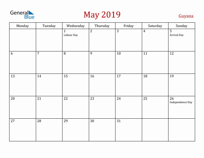 Guyana May 2019 Calendar - Monday Start