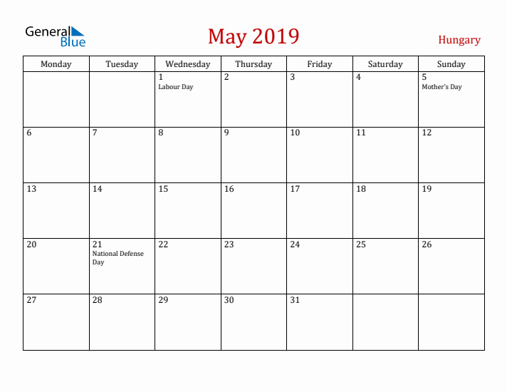 Hungary May 2019 Calendar - Monday Start