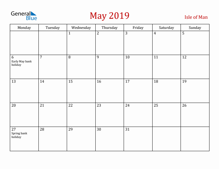 Isle of Man May 2019 Calendar - Monday Start