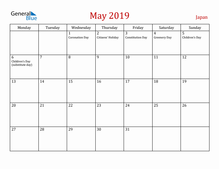 Japan May 2019 Calendar - Monday Start