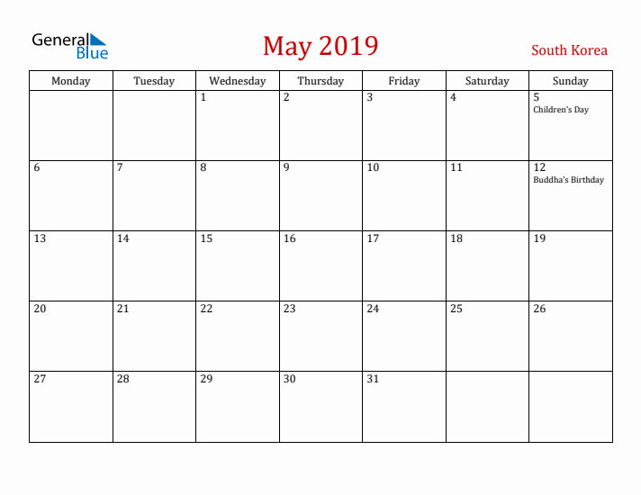 South Korea May 2019 Calendar - Monday Start