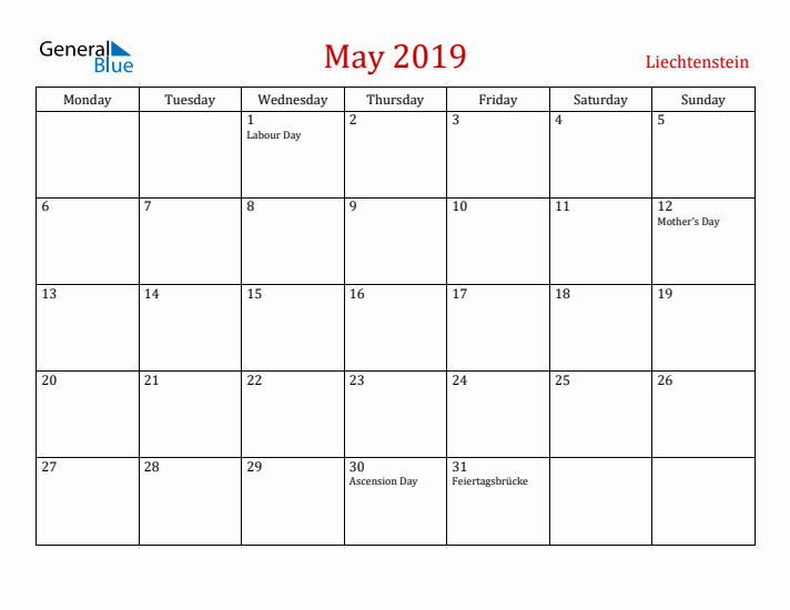 Liechtenstein May 2019 Calendar - Monday Start