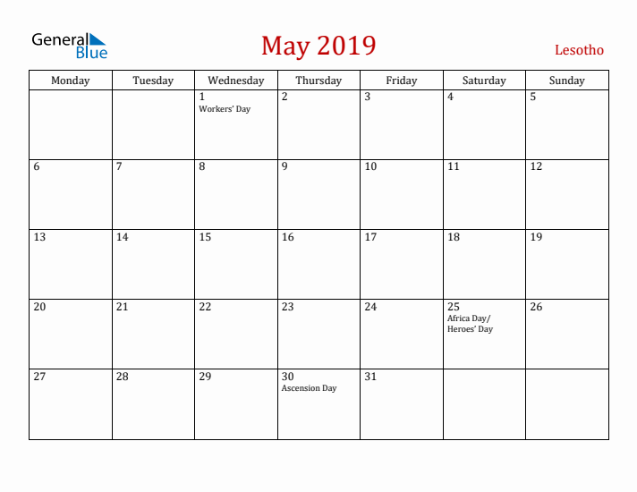 Lesotho May 2019 Calendar - Monday Start