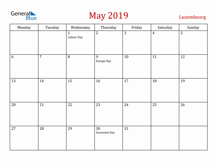 Luxembourg May 2019 Calendar - Monday Start