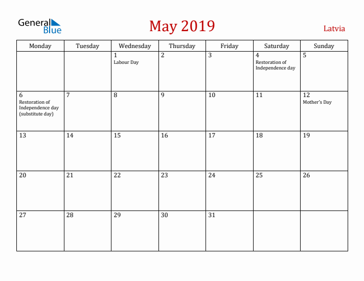 Latvia May 2019 Calendar - Monday Start