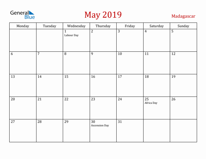 Madagascar May 2019 Calendar - Monday Start
