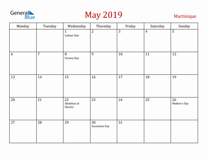 Martinique May 2019 Calendar - Monday Start
