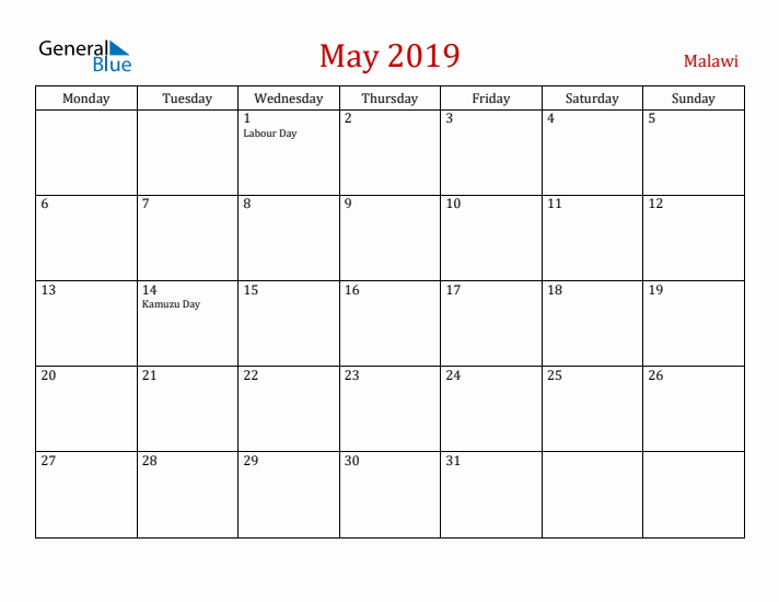 Malawi May 2019 Calendar - Monday Start