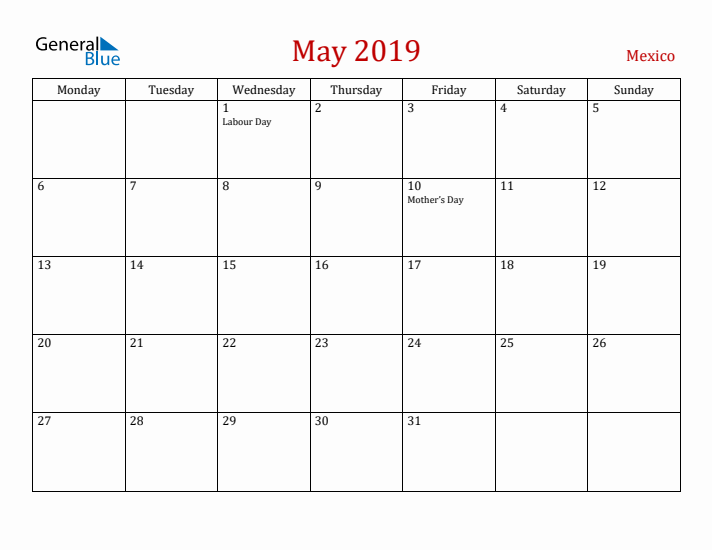 Mexico May 2019 Calendar - Monday Start