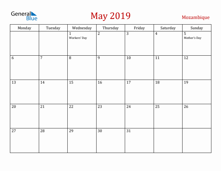 Mozambique May 2019 Calendar - Monday Start
