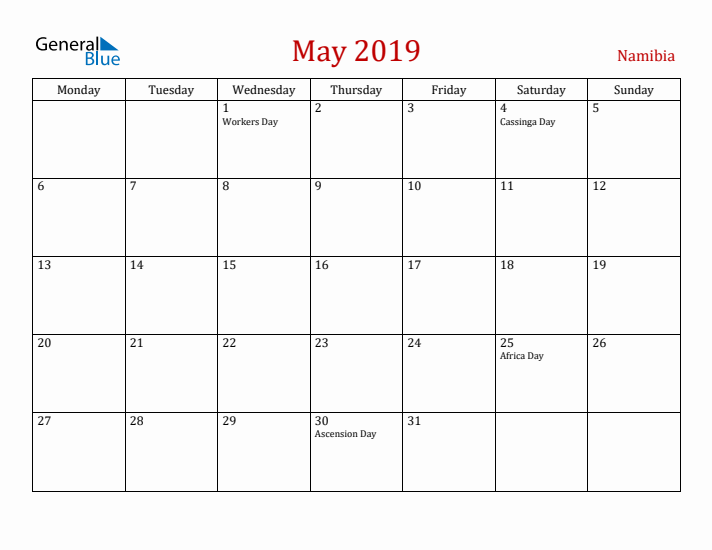 Namibia May 2019 Calendar - Monday Start