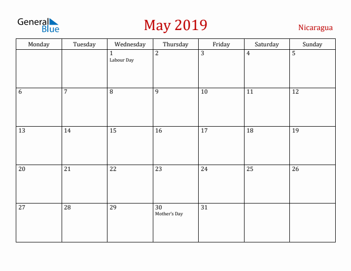 Nicaragua May 2019 Calendar - Monday Start