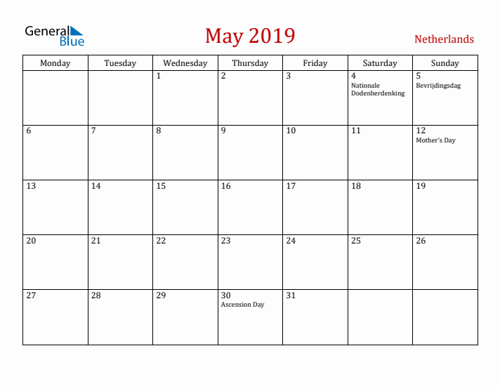 The Netherlands May 2019 Calendar - Monday Start