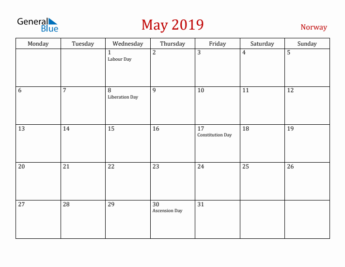 Norway May 2019 Calendar - Monday Start