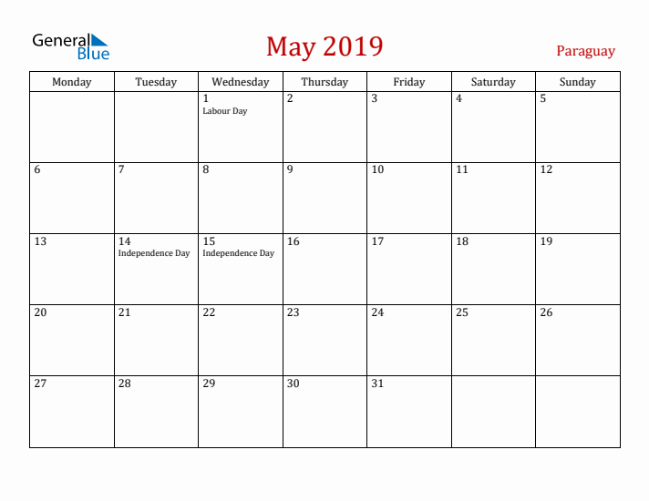 Paraguay May 2019 Calendar - Monday Start