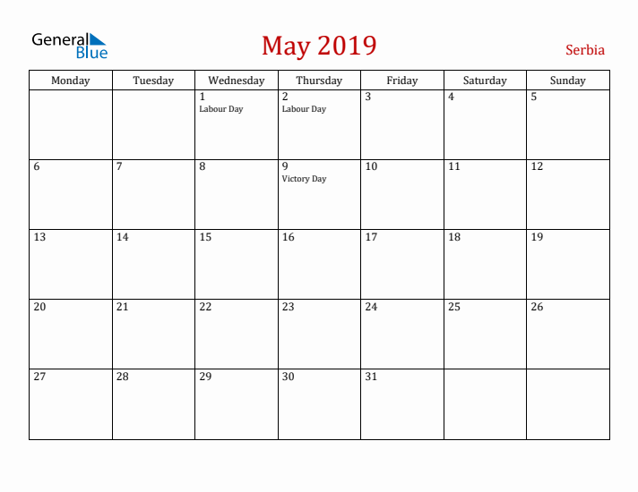 Serbia May 2019 Calendar - Monday Start