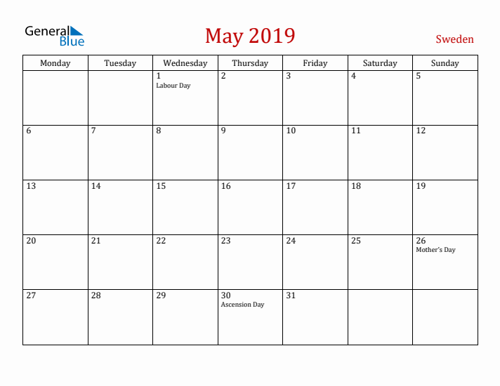 Sweden May 2019 Calendar - Monday Start
