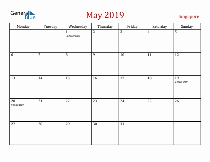 Singapore May 2019 Calendar - Monday Start