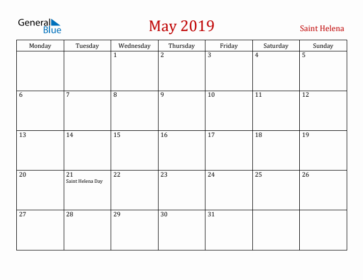Saint Helena May 2019 Calendar - Monday Start