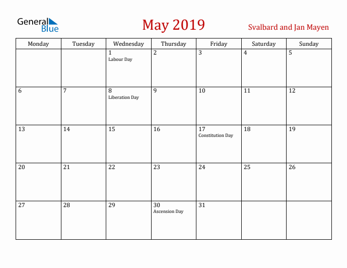 Svalbard and Jan Mayen May 2019 Calendar - Monday Start