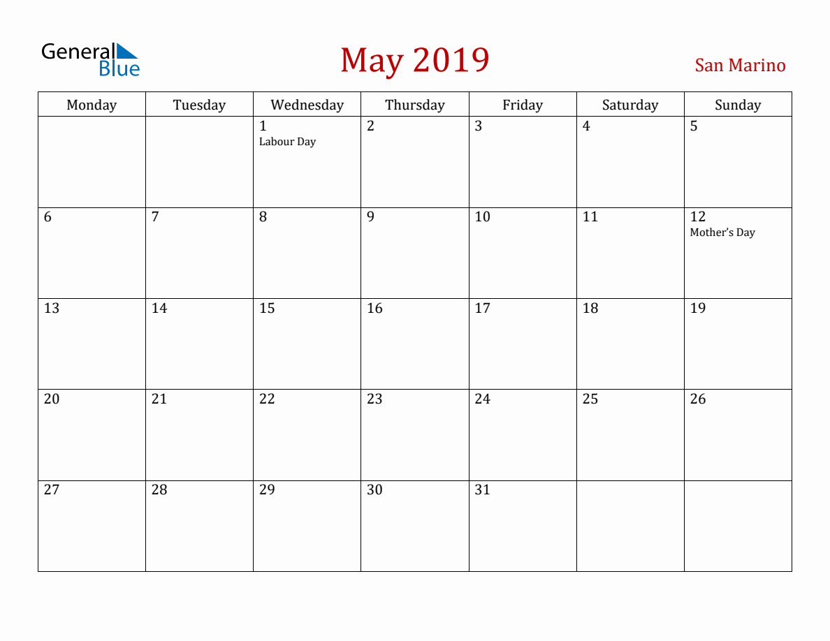 May 2019 San Marino Monthly Calendar With Holidays