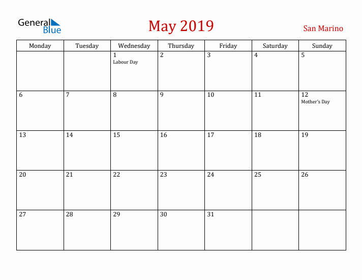 San Marino May 2019 Calendar - Monday Start