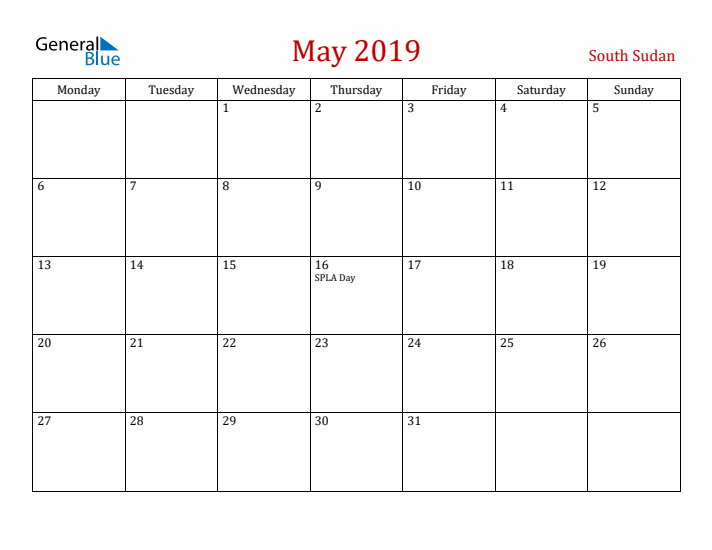 South Sudan May 2019 Calendar - Monday Start
