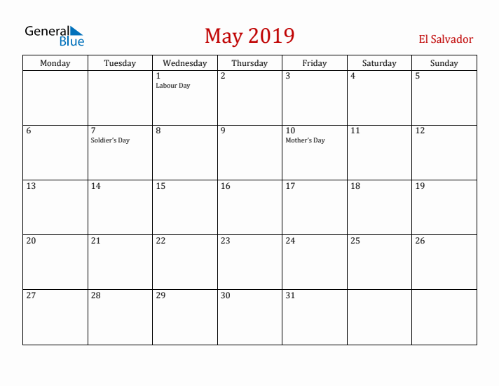 El Salvador May 2019 Calendar - Monday Start