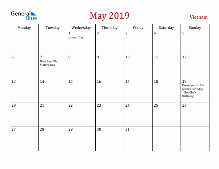 Vietnam May 2019 Calendar - Monday Start
