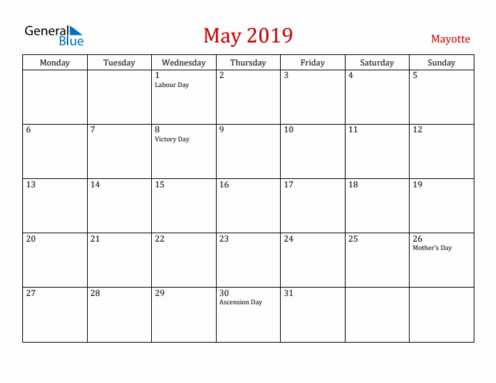 Mayotte May 2019 Calendar - Monday Start