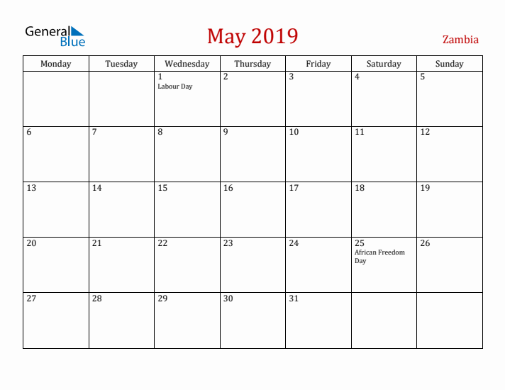 Zambia May 2019 Calendar - Monday Start
