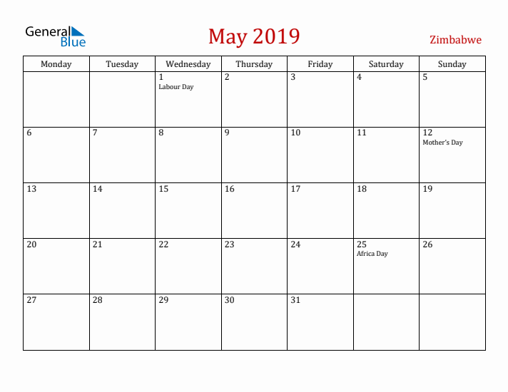 Zimbabwe May 2019 Calendar - Monday Start