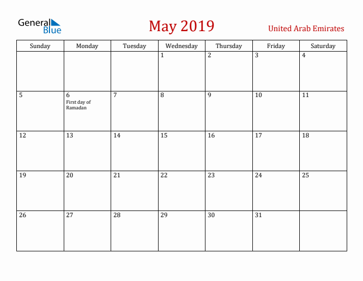 United Arab Emirates May 2019 Calendar - Sunday Start