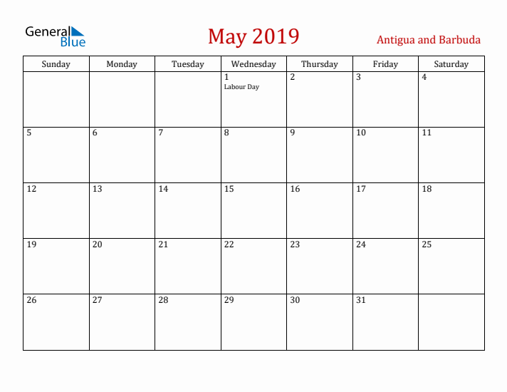 Antigua and Barbuda May 2019 Calendar - Sunday Start