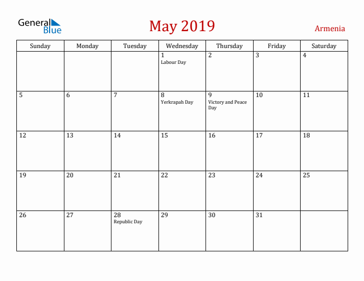Armenia May 2019 Calendar - Sunday Start