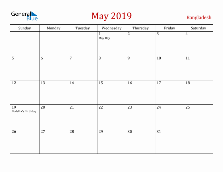 Bangladesh May 2019 Calendar - Sunday Start