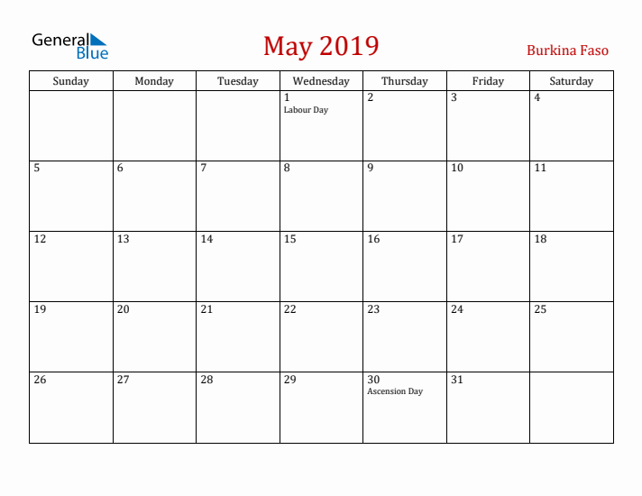 Burkina Faso May 2019 Calendar - Sunday Start
