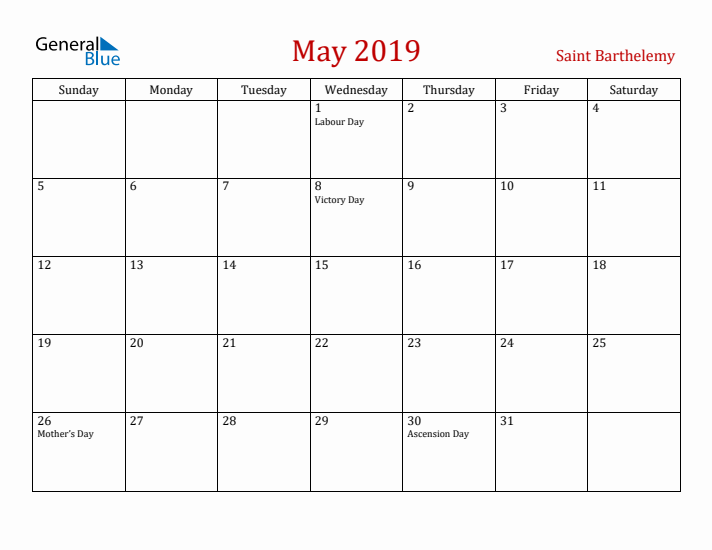Saint Barthelemy May 2019 Calendar - Sunday Start