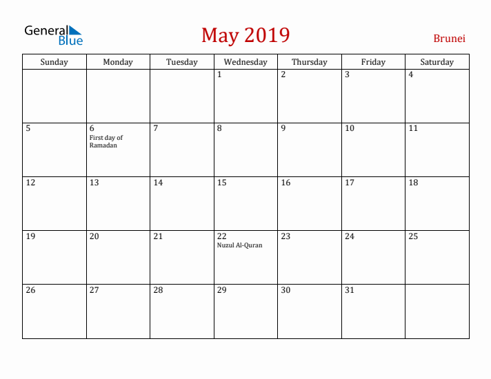 Brunei May 2019 Calendar - Sunday Start