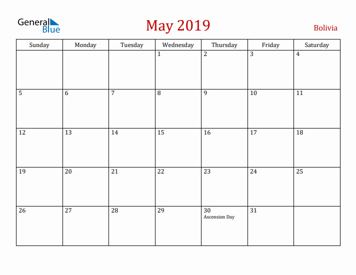 Bolivia May 2019 Calendar - Sunday Start