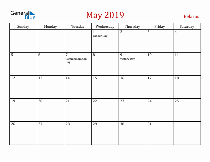 Belarus May 2019 Calendar - Sunday Start