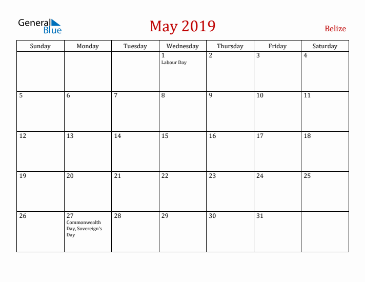 Belize May 2019 Calendar - Sunday Start