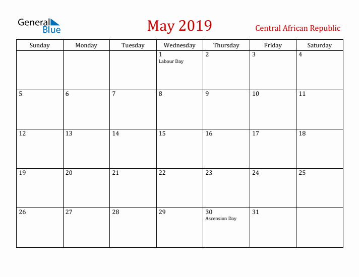 Central African Republic May 2019 Calendar - Sunday Start